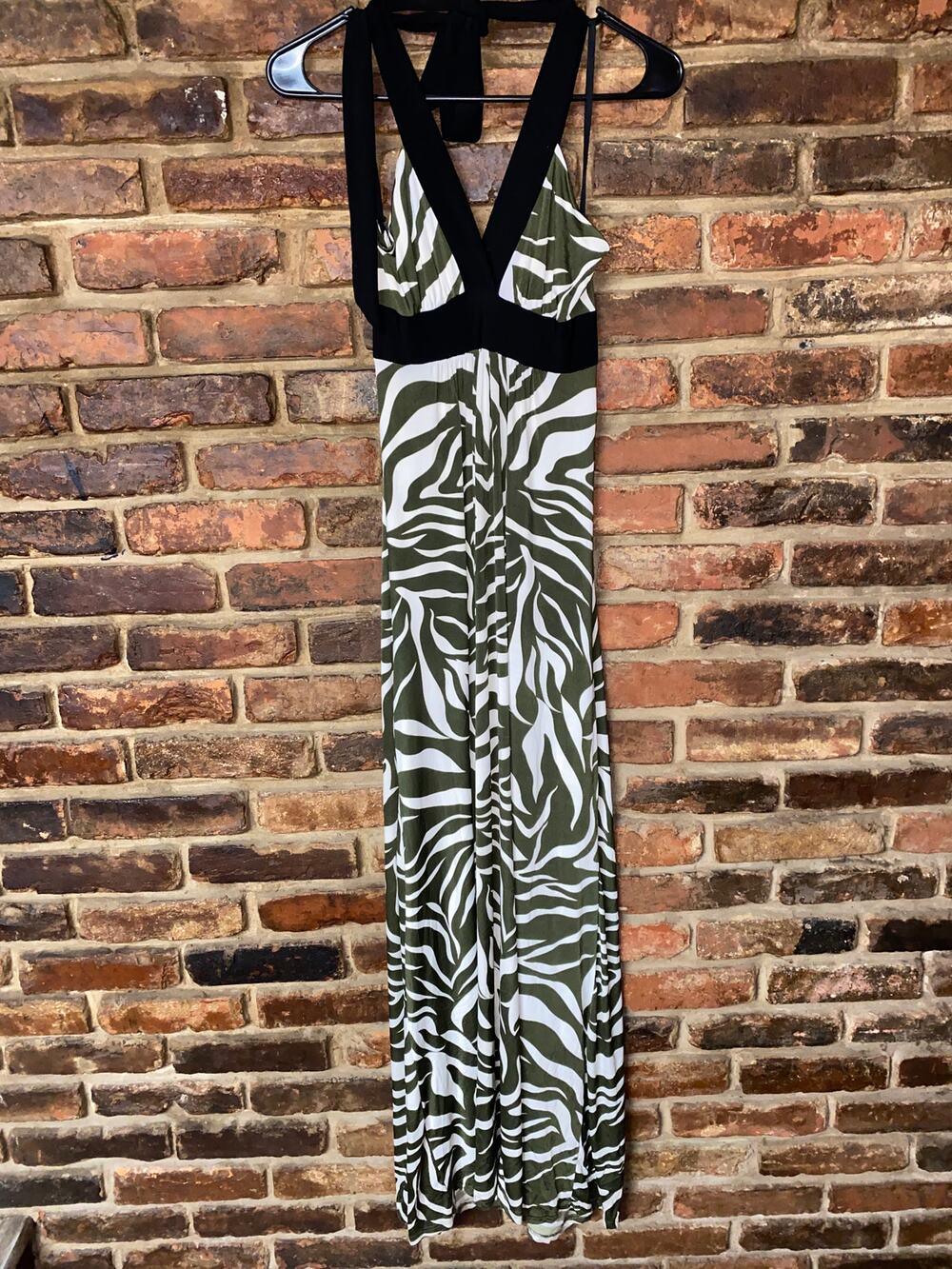 Azules Green White Zebra Print Black Halter Neck Midi Dress Women's Size Small